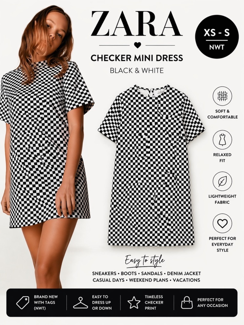 ZARA Black White Checker Mini Dress NWT XS S